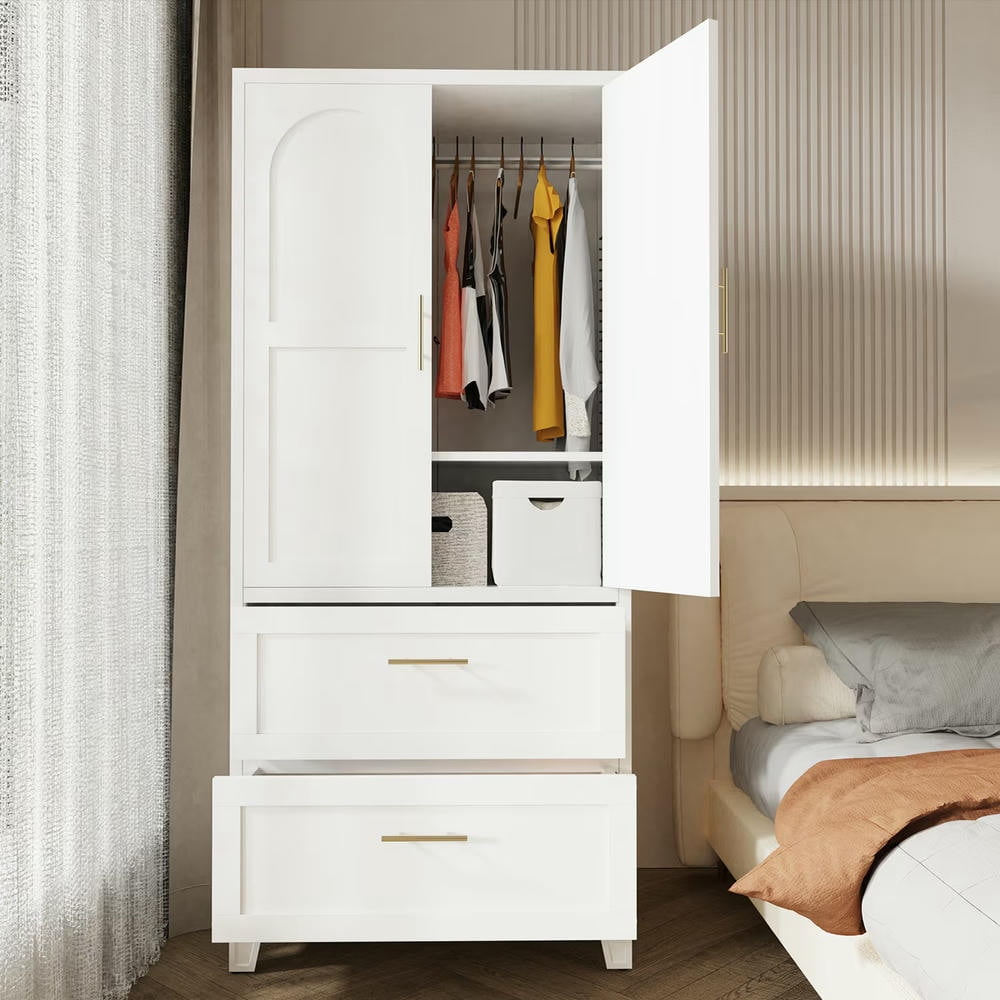 Kadyn 2 Door Armoire Wardrobe Closet with 2 Drawers, 70" Large Wardrobe Armoire with Gold Handle, Modern Wooden Armoire Storage with Hanging Rod for Bedroom, White Kadyn 2 Door Armoire Wardrobe Closet with 2 Drawers, 70" Large Wardrobe Armoire with Gold Handle, Modern Wooden Armoire Storage with Hanging Rod for Bedroom, White