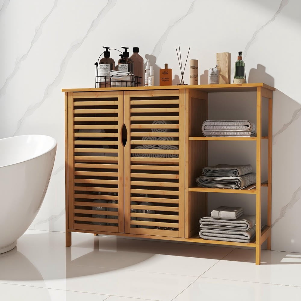 Kadyn 2-Door Bamboo Bathroom Cabinet Storage Organizer with Shelves for Bathroom Vanity Towels Cosmetics Organizer, Natural