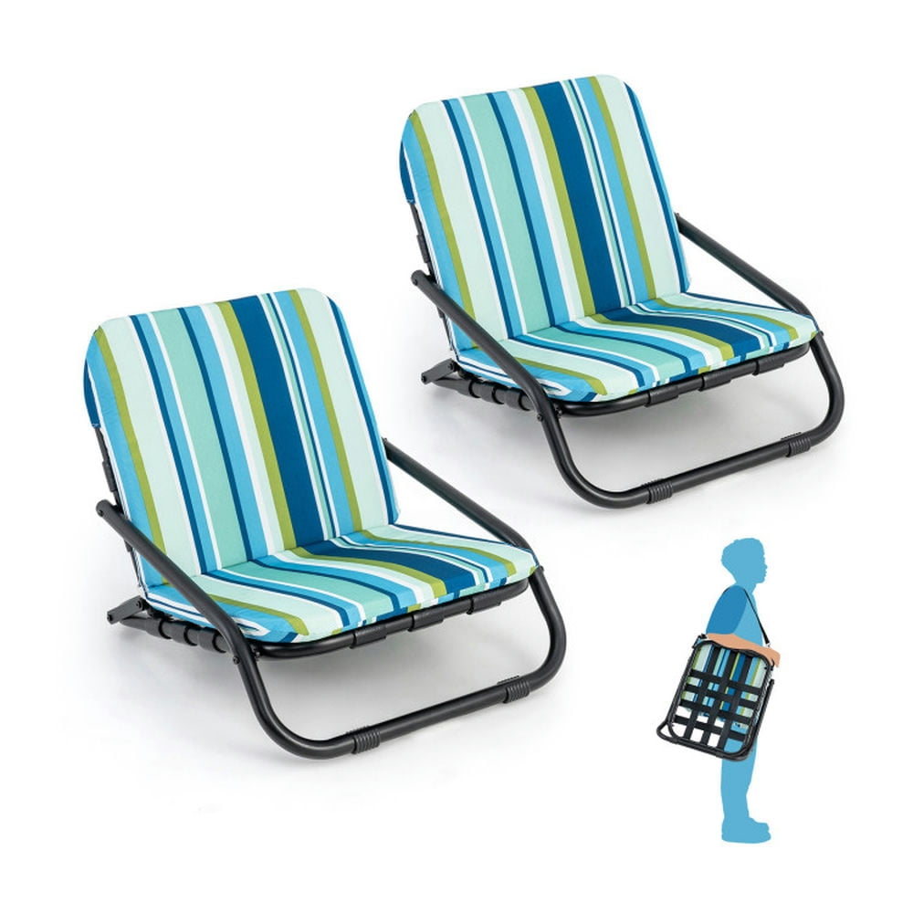 Set of 2 Blue Striped Low Folding Camping Chairs with Cushions