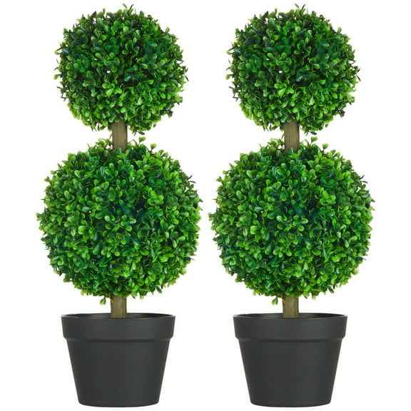 Kadyn 2 Pcs 23.5" Artificial Boxwood Ball Topiary Tree Set of 2 Fake Plants in Pot with Double Ball-Shaped Leaves Green