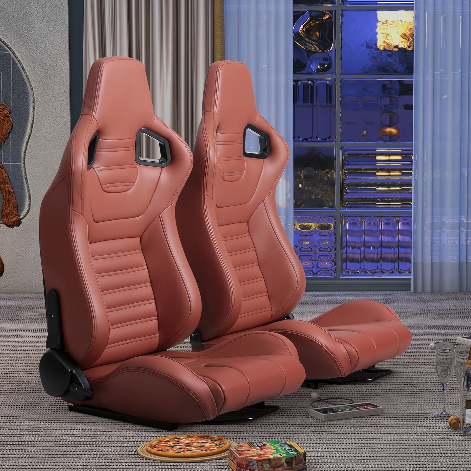 Kadyn 2-Piece Ergonomic Racing Seats, PVC Racing Simulator Game Seats with Adjustable Double Slides, Vinyl Racing Seats for Linde Forklift Tractor, Brick Red Kadyn 2-Piece Ergonomic Racing Seats, PVC Racing Simulator Game Seats with Adjustable Double Slides, Vinyl Racing Seats for Linde Forklift Tractor, Brick Red