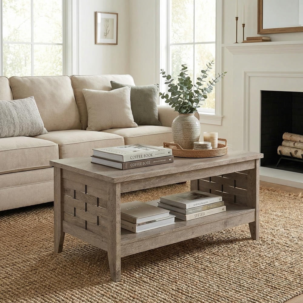 Kadyn 2-Tier Farmhouse Coffee Table with Open Shelf, Woven Decorations for Rustic Living Room, Cottage, Cabin Decor Center Table, Oak