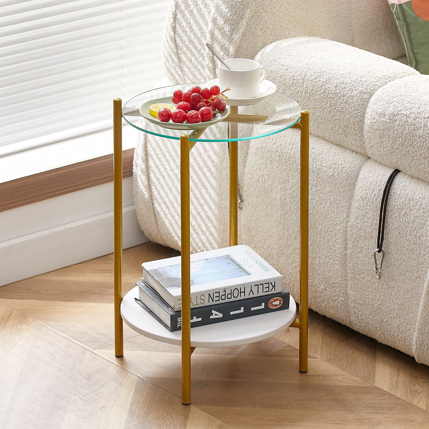 Kadyn 2-layer Round Coffee Table, Metal End Table with Tempered Glass and Marble Tabletop, Small Accent Sofa Table Side Snack Table for Living Room, White Kadyn 2-layer Round Coffee Table, Metal End Table with Tempered Glass and Marble Tabletop, Small Accent Sofa Table Side Snack Table for Living Room, White