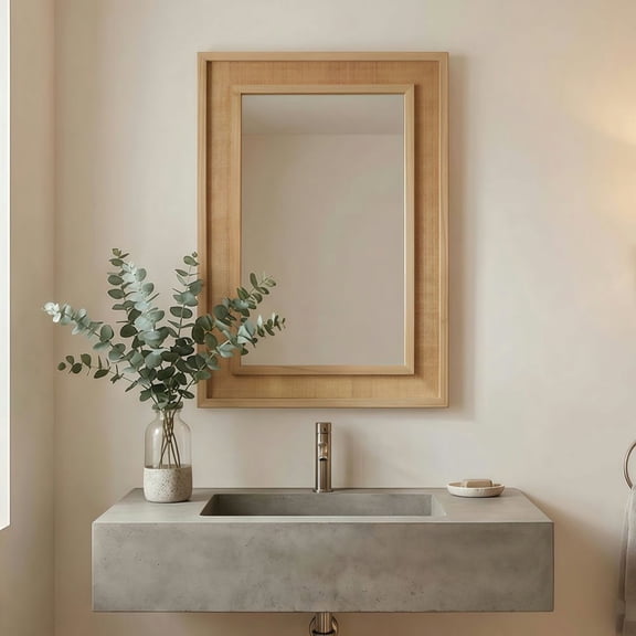 Kadyn 20"x30" Rattan Rectangle Accent Mirror, Farmhouse Style Wall Mounted Mirror for Bathroom Entryway Home Decor, Premium Solid Wood Frame Design, Natural Wood Color