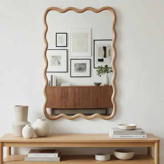 Kadyn 20"x30" Wavy Rectangle Accent Mirror, Decorative Wall Mounted Mirror for Home Bedroom Living Room Entryway, Premium Solid Wood Frame Design, Natural Wood Color