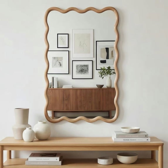 Kadyn 20"x30" Wavy Rectangle Accent Mirror, Decorative Wall Mounted Mirror for Home Bedroom Living Room Entryway, Premium Solid Wood Frame Design, Natural Wood Color