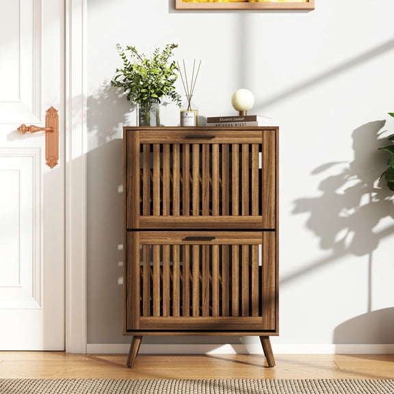 Kadyn Farmhouse Slim Shoe Cabinet with 2 Flip Up Drawers, 23.6" Narrow Shoe Storage Organizer with Adjustable Shelves & Anti-Tip Device, Entryway Shoe Storage Cabinet for Living Room, Walnut