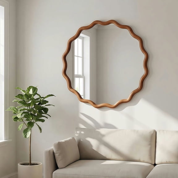 Kadyn 24" Wavy Round Accent Mirror, Decorative Wall Mounted Mirror for Home Bedroom Living Room Entryway, Premium Solid Wood Frame Design, Yellowish Brown Wood