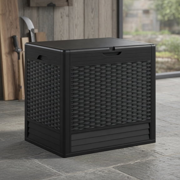Kadyn 25Gallon Lockable RattanStyle Outdoor Deck Storage Chest, AllWeather PP Resin MultiFunctional Patio Organizer for Garden Supplies and Seasonal Items, Brown