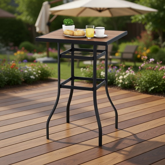 Kadyn 27.5 Inch Outdoor Patio Bar Table Black & Natural Faux Wood SPC Top, Powder-Coated Metal Frame, Umbrella Hole Compatible for Backyard, Garden & Poolside Use