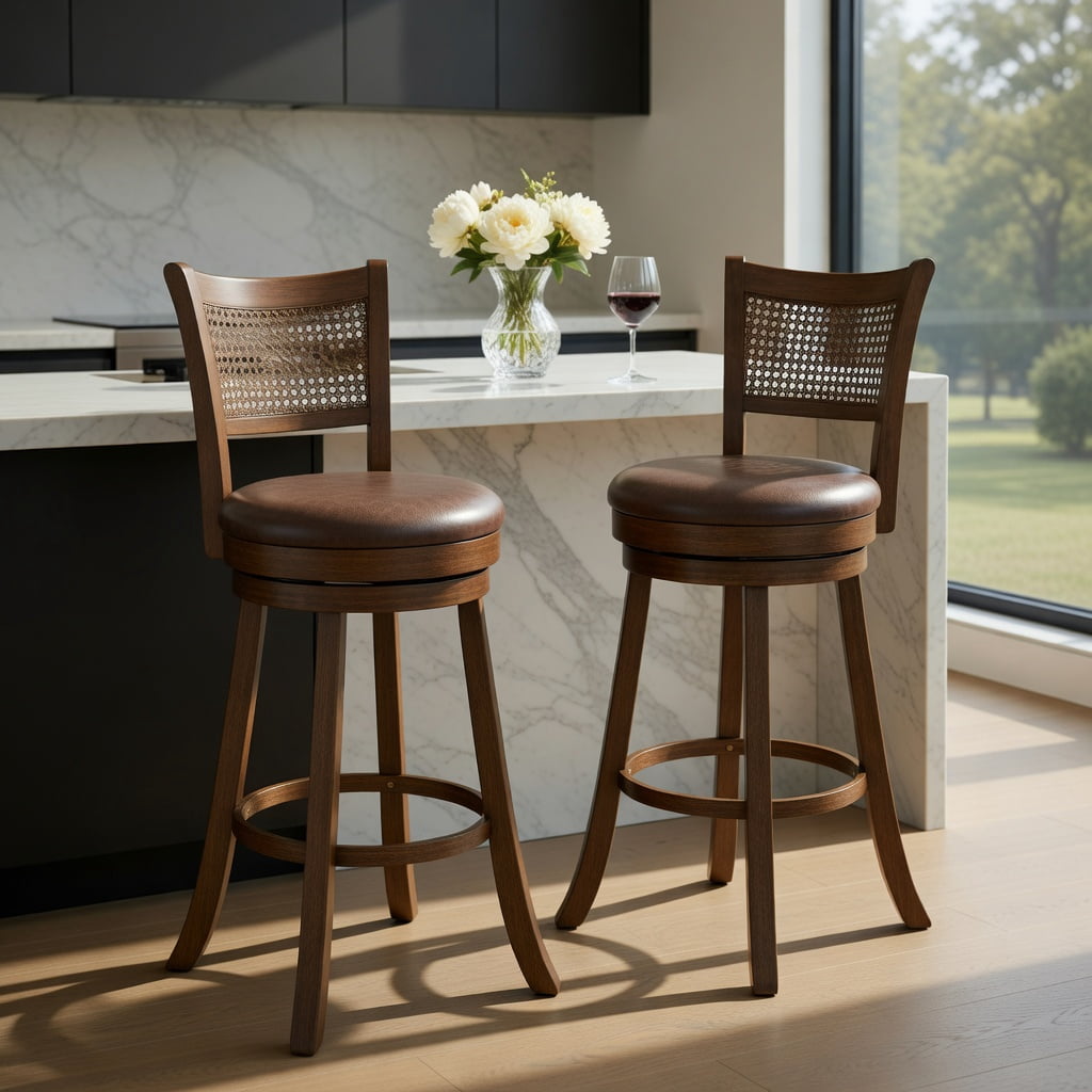 Kadyn 29 Inches Counter Height Barstool Set of 2 with Rattan Backrest, Footrest and Swivel Base for Kitchen Island, Patio Dining, Bistro Setting, Brown