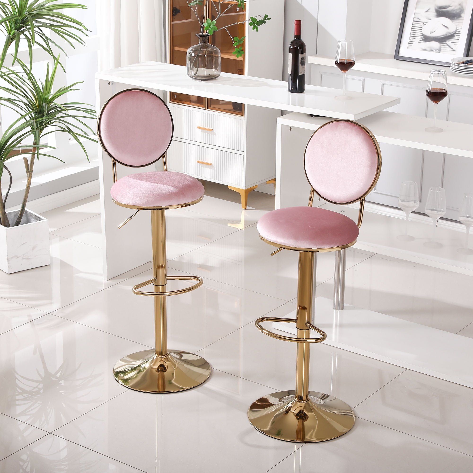 Kadyn 2pcs Adjustable Counter Height Swivel Barstools with Back and Footrest for Bar, Pink Kadyn 2pcs Adjustable Counter Height Swivel Barstools with Back and Footrest for Bar, Pink