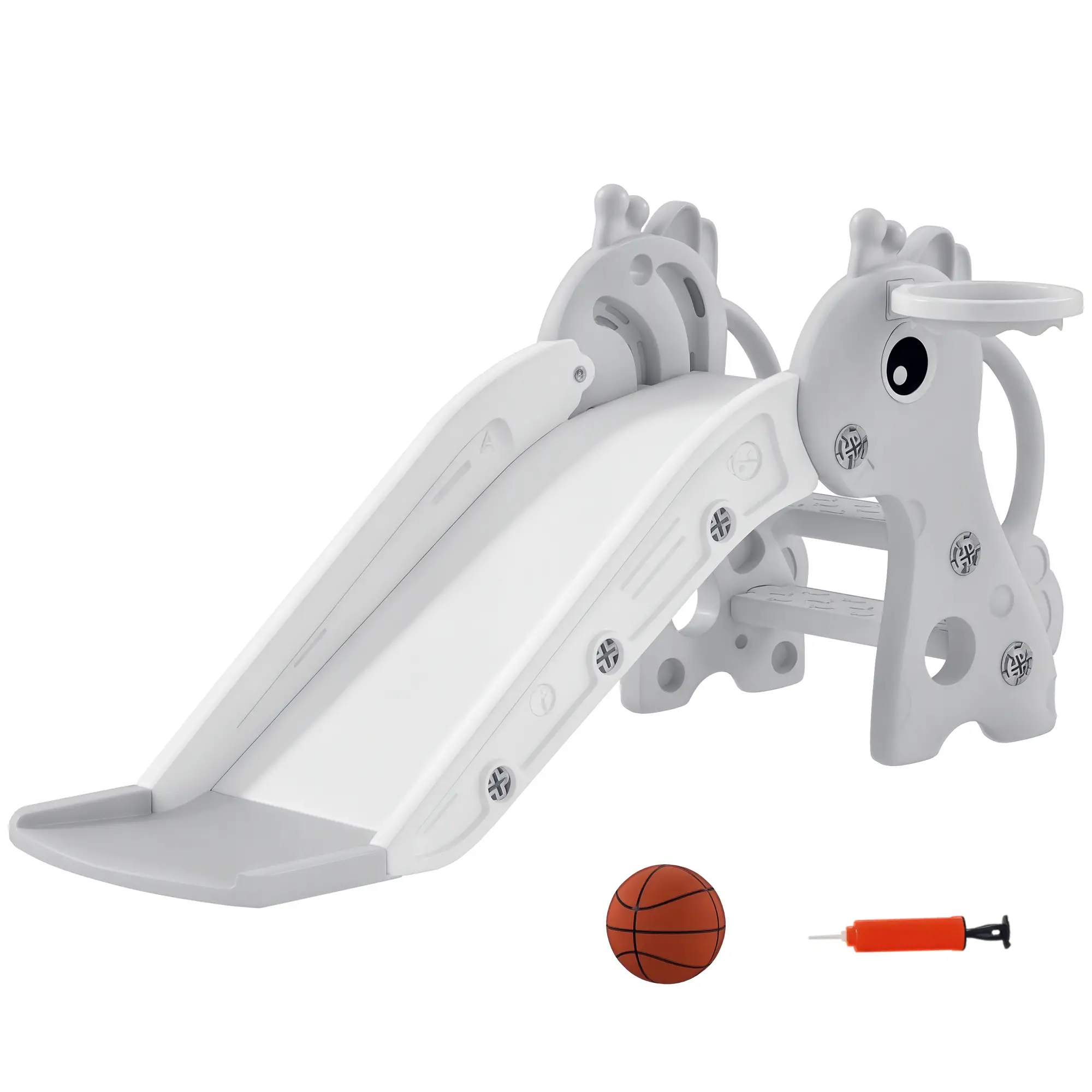 Kadyn 3 in 1 Toddler Slide Kids Slide for Age 1-3, Freestanding Kids Slide with Climber, Basketball Hoop and Ball, Giraffe Design, Gray
