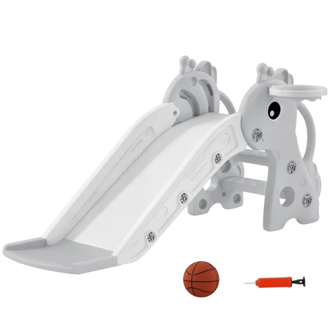 Kadyn 3 in 1 Toddler Slide Kids Slide for Age 1-3, Freestanding Kids Slide with Climber, Basketball Hoop and Ball, Giraffe Design, Gray