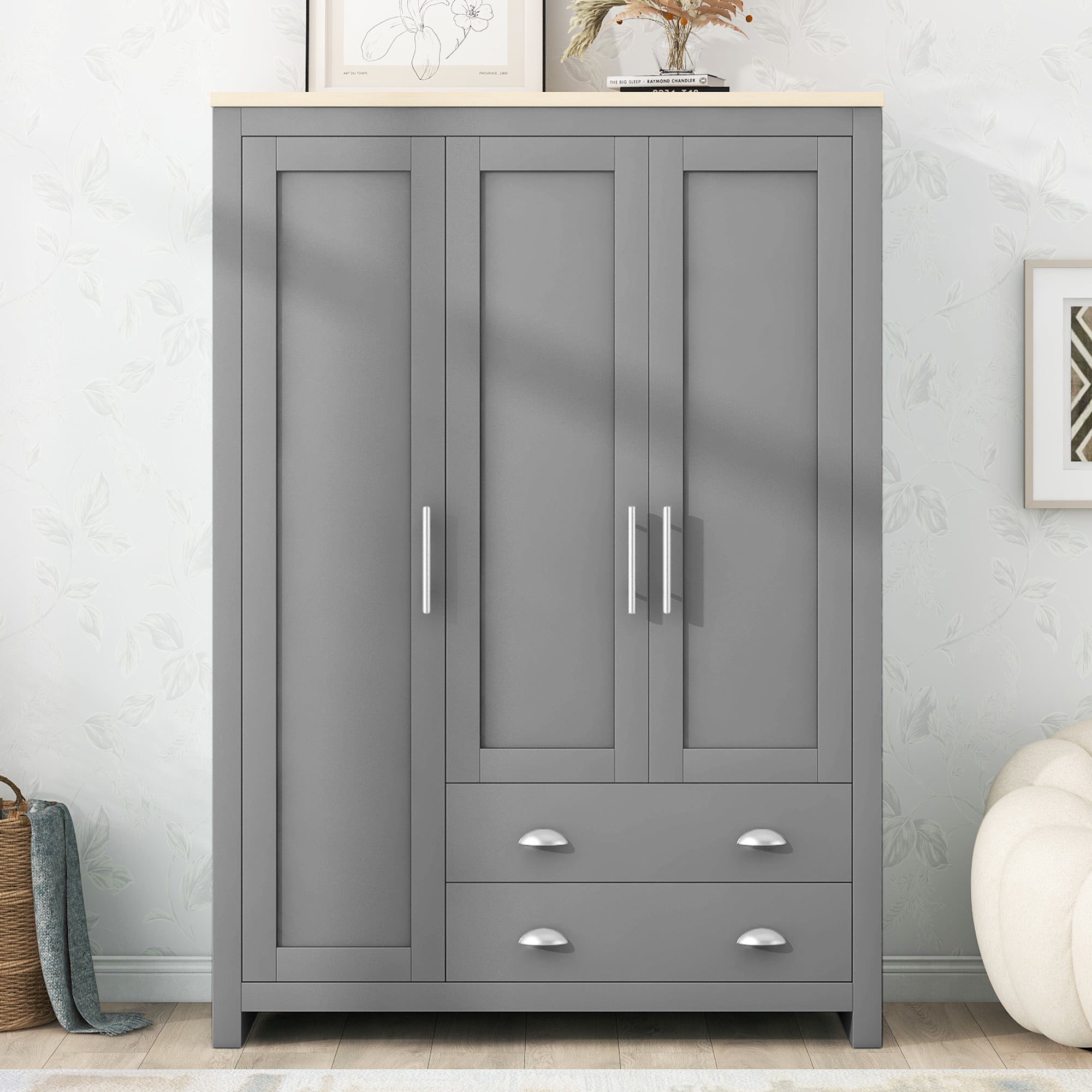 Kadyn 3 Door Armoire Wardrobe Closet with 2 Drawers, 67" Large Wardrobe Armoire with Silver Handle, Modern Wooden Armoire Storage with Hanging Rod for Bedroom, Gray Kadyn 3 Door Armoire Wardrobe Closet with 2 Drawers, 67" Large Wardrobe Armoire with Silver Handle, Modern Wooden Armoire Storage with Hanging Rod for Bedroom, Gray