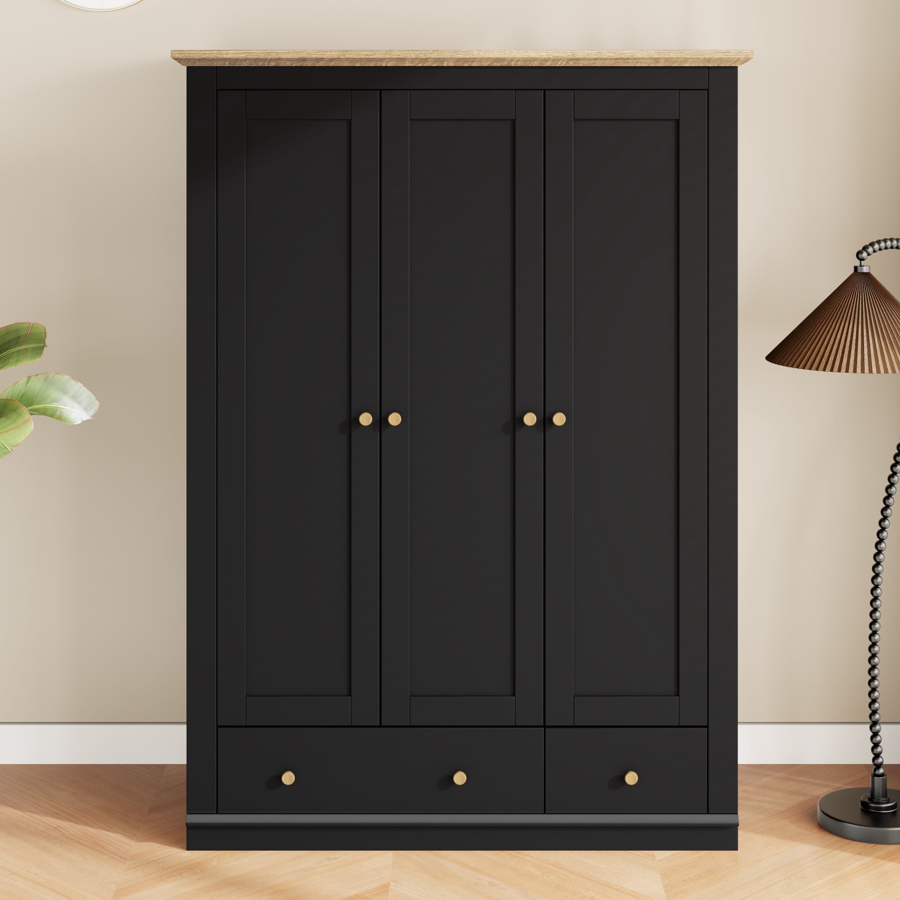 Kadyn 3 Door Armoire Wardrobe Closet, 70" Large Wardrobe Armoire with 2 Drawers & Shelves, Modern Wooden Armoire Storage with Hanging Rod for Bedroom, Natural +Black