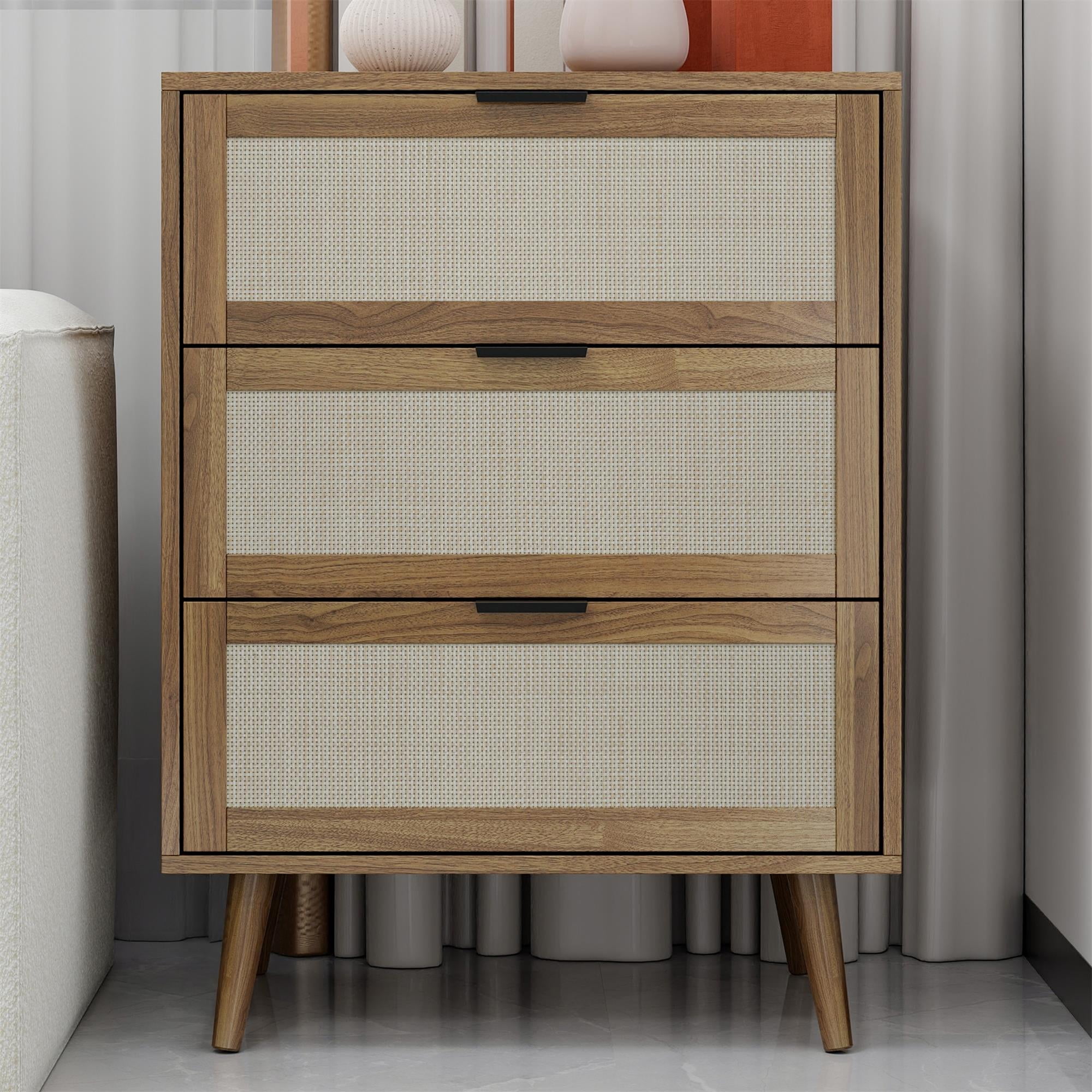 Kadyn 3 Drawer Cabinet, Chest of Drawers for Bedroom, Nightstand with Wood Feet, Walnut Kadyn 3 Drawer Cabinet, Chest of Drawers for Bedroom, Nightstand with Wood Feet, Walnut