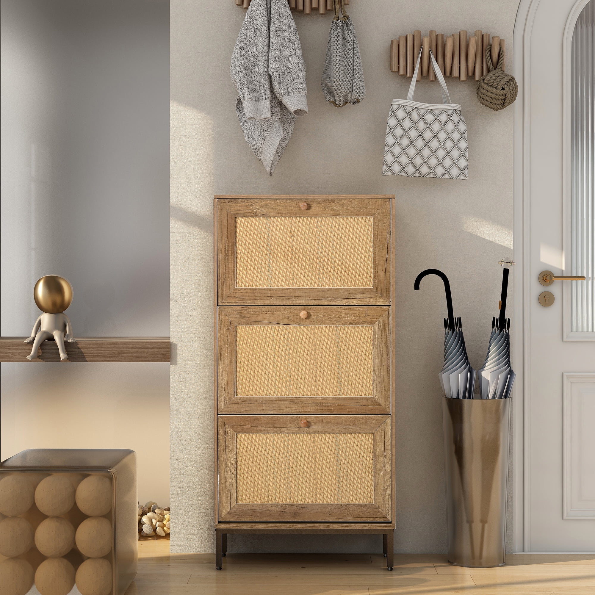 Kadyn 3 Flip Drawer Shoe Cabinet Rattan Shoe Cabinet Organizer Freestanding Shoe Rack Storage Cabinet with Metal Legs for Hallway, Natural Kadyn 3 Flip Drawer Shoe Cabinet Rattan Shoe Cabinet Organizer Freestanding Shoe Rack Storage Cabinet with Metal Legs for Hallway, Natural