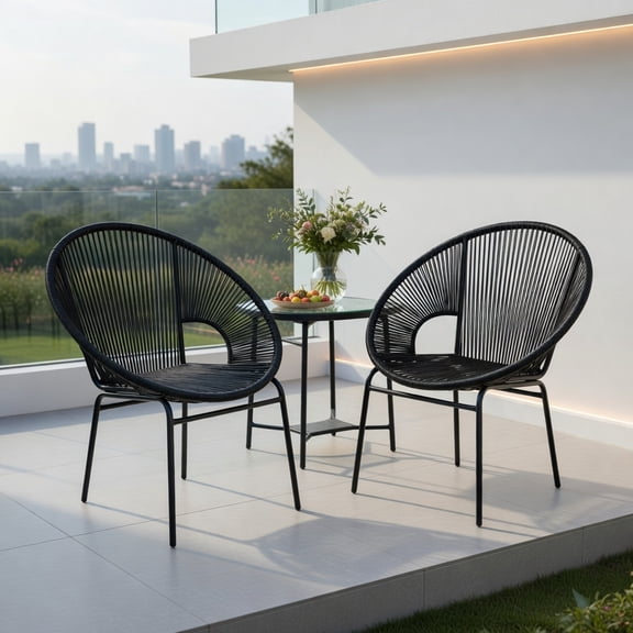 Kadyn 3-Piece Acapulco-Style Outdoor Bistro Set Black PE Rope Chairs + Tempered Glass Table for Patio, Yard & Poolside