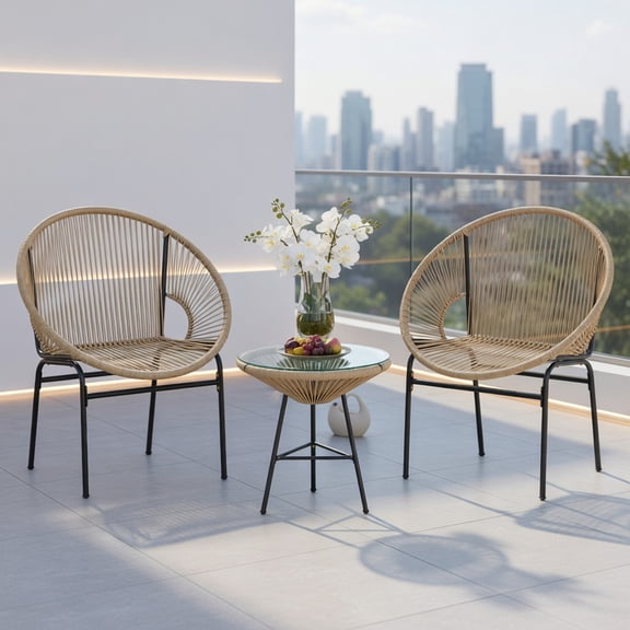 Kadyn 3-Piece Outdoor Acapulco Bistro Set 2 Woven PE Rope Chairs + 17.5" Tempered Glass Table (Black, Turquoise, Gray, White) for Patio, Garden & Poolside