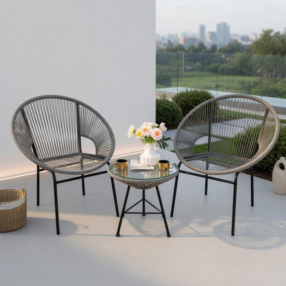 Kadyn 3-Piece Outdoor Acapulco Bistro Set Gray PE Rope Chairs + Tempered Glass Table for Patio, Yard & Poolside