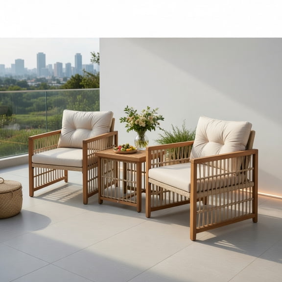 Kadyn 3-Piece Outdoor Wicker Patio Furniture Set Light Yellow PE Rattan Chairs with Beige Cushions & Acacia Wood Frame + Square Coffee Table
