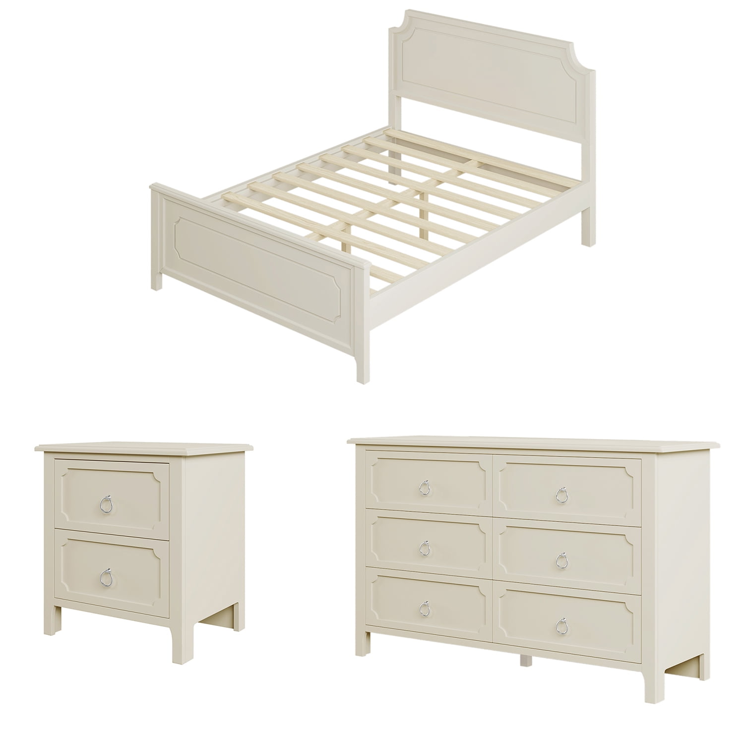 Kadyn 3-Pieces Bedroom Sets, Queen Size Canopy Daybed with Trundle with Nightstand and Dresser, Milky White Solid Rubber Wood Twin