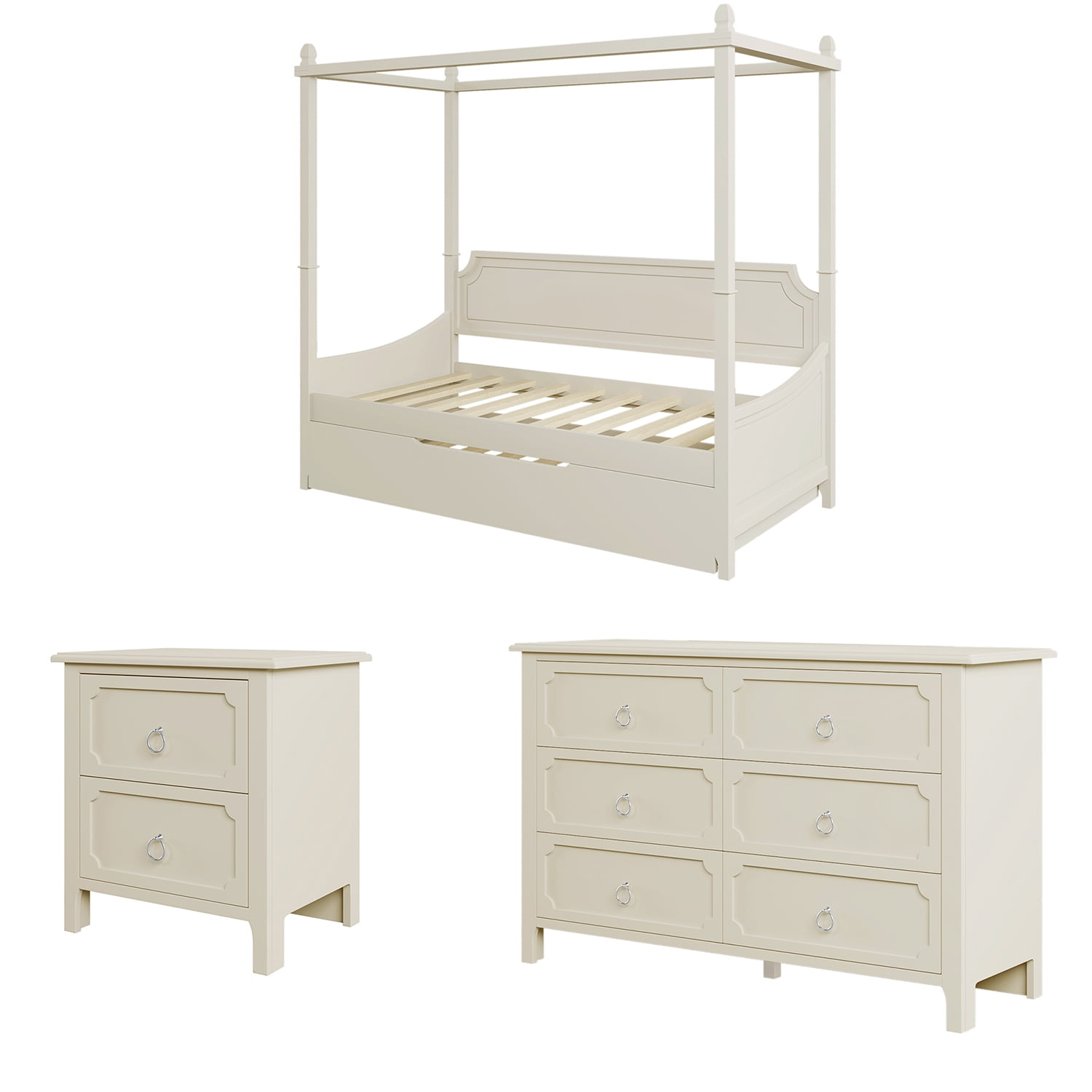 Kadyn 3-Pieces Bedroom Sets, Twin Size Canopy Daybed with Trundle with Nightstand and Dresser, Milky White Solid Rubber Wood Twin Kadyn 3-Pieces Bedroom Sets, Twin Size Canopy Daybed with Trundle with Nightstand and Dresser, Milky White Solid Rubber Wood Twin
