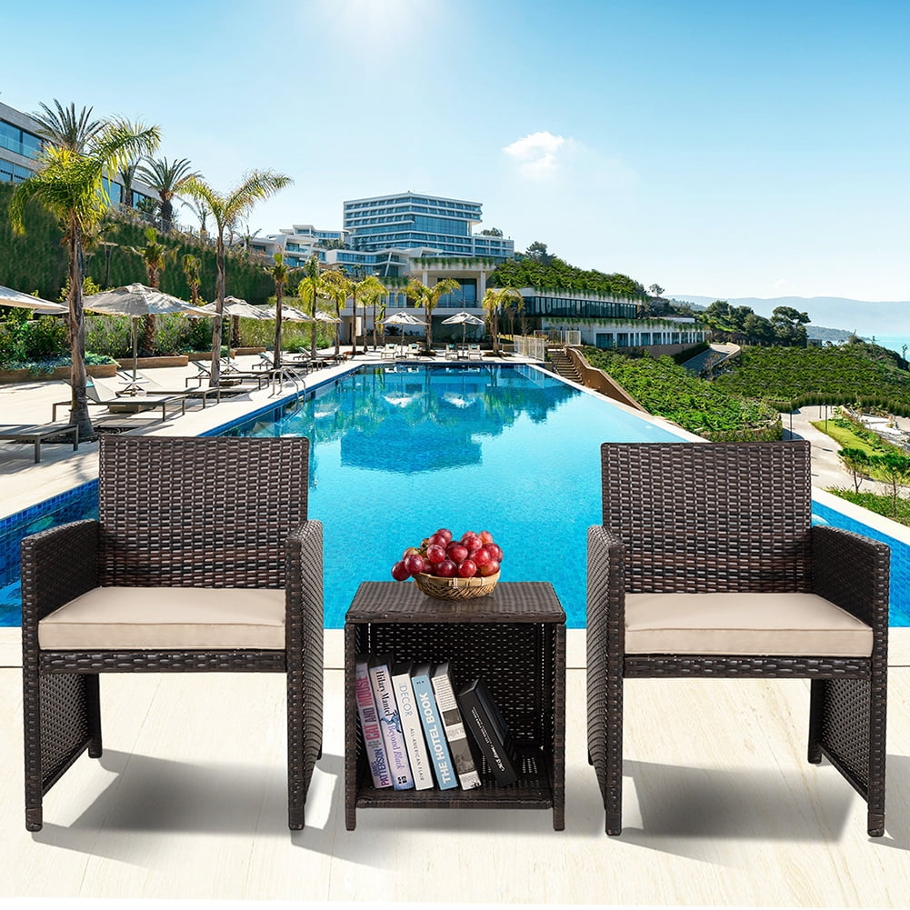 Kadyn 3 Pieces Outdoor Patio Wicker Furniture Sets, PE Rattan Chair Patio Conversation Sets with 2 Soft Cushions Single chairs and Coffee table, Rattan Conversation Set for Balcony, Khaki Kadyn 3 Pieces Outdoor Patio Wicker Furniture Sets, PE Rattan Chair Patio Conversation Sets with 2 Soft Cushions Single chairs and Coffee table, Rattan Conversation Set for Balcony, Khaki