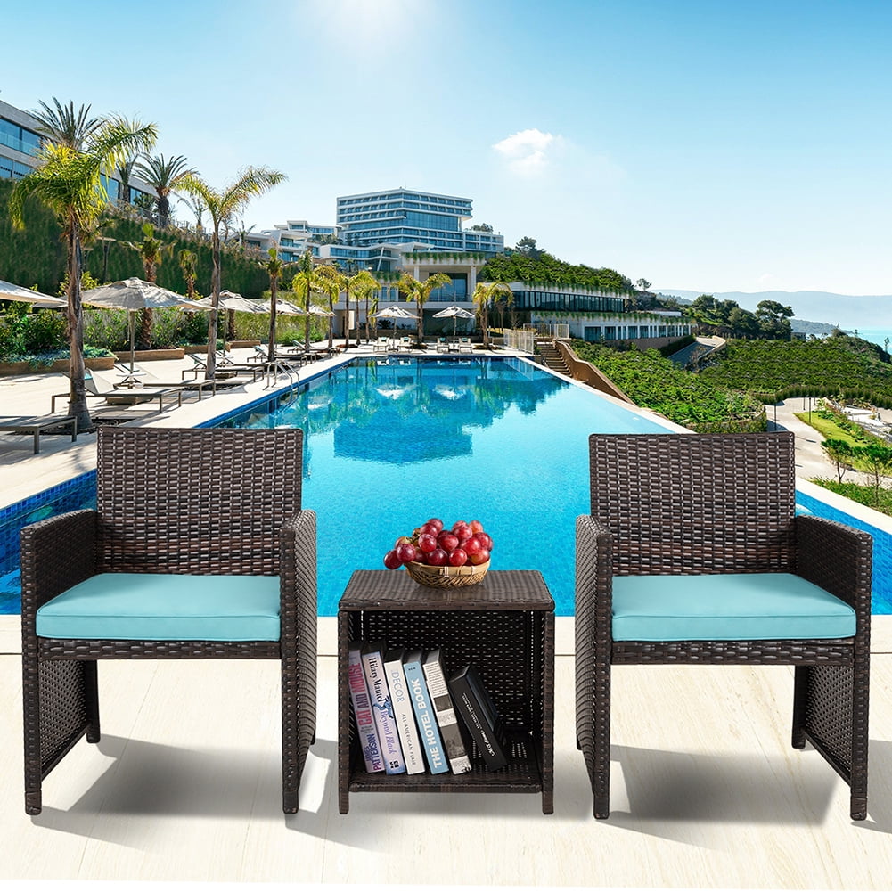 Kadyn 3 Pieces Outdoor Patio Wicker Furniture Sets, PE Rattan Chair Patio Conversation Sets with 2 Soft Cushions Single chairs and Coffee table, Rattan Conversation Set for Balcony, Teal Kadyn 3 Pieces Outdoor Patio Wicker Furniture Sets, PE Rattan Chair Patio Conversation Sets with 2 Soft Cushions Single chairs and Coffee table, Rattan Conversation Set for Balcony, Teal