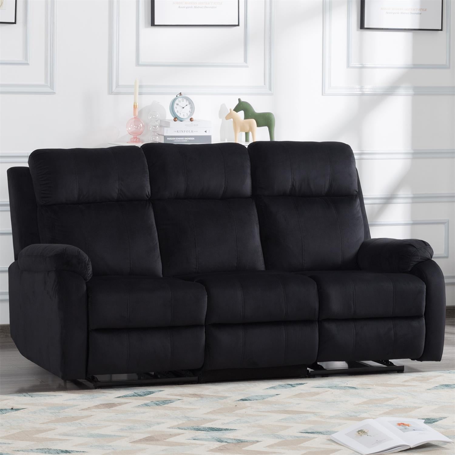 Kadyn 3-Seater Manual Recliner Living Room Set, Sectional Recliner Sofa Set for Living Room, Velvet Recliner Chair Sofa Set, Black