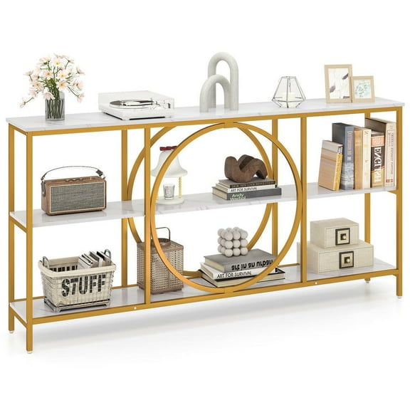 Kadyn 3-Tier Console Table with Faux Marble Top and Storage Shelves, Entryway Table for Hallway, Living Room, White