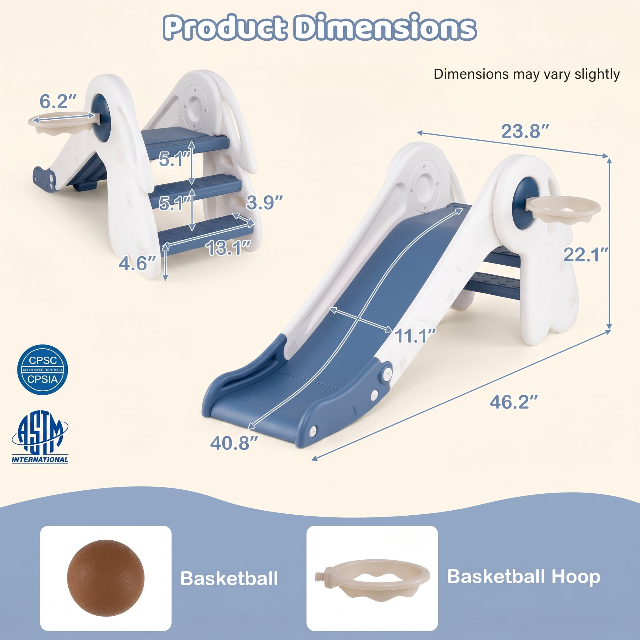 Kadyn 3 in 1 Toddler Slide Kids Slide, 3 in 1 Toddler Slide Baby Slide Climber Playset with Basketball Hoop and Basketball, Blue