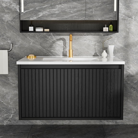 Kadyn 30 Inch Modern Bathroom Vanity Cabinet, Wall Mounted Floating Design with Ceramic Sink and Storage Drawers, Black