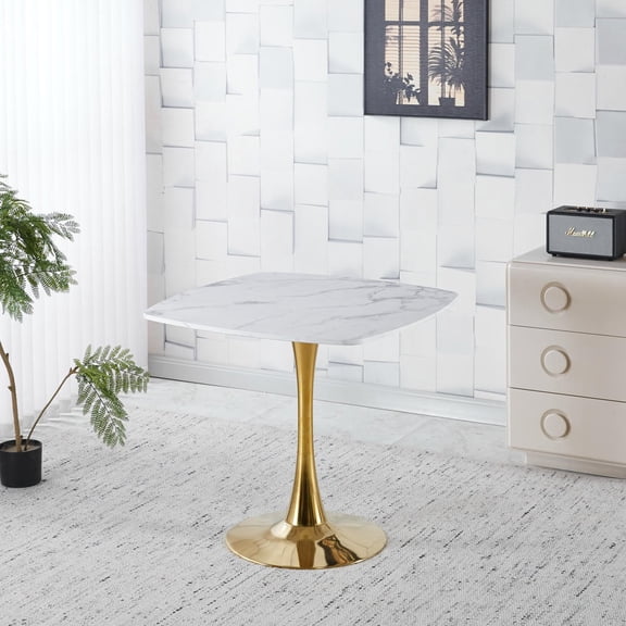 Kadyn 31.5 Inch Square Dining Table Modern Tulip Design White Top Gold Base Kitchen Cafe Table Small Space Living Room Apartment, White Gold