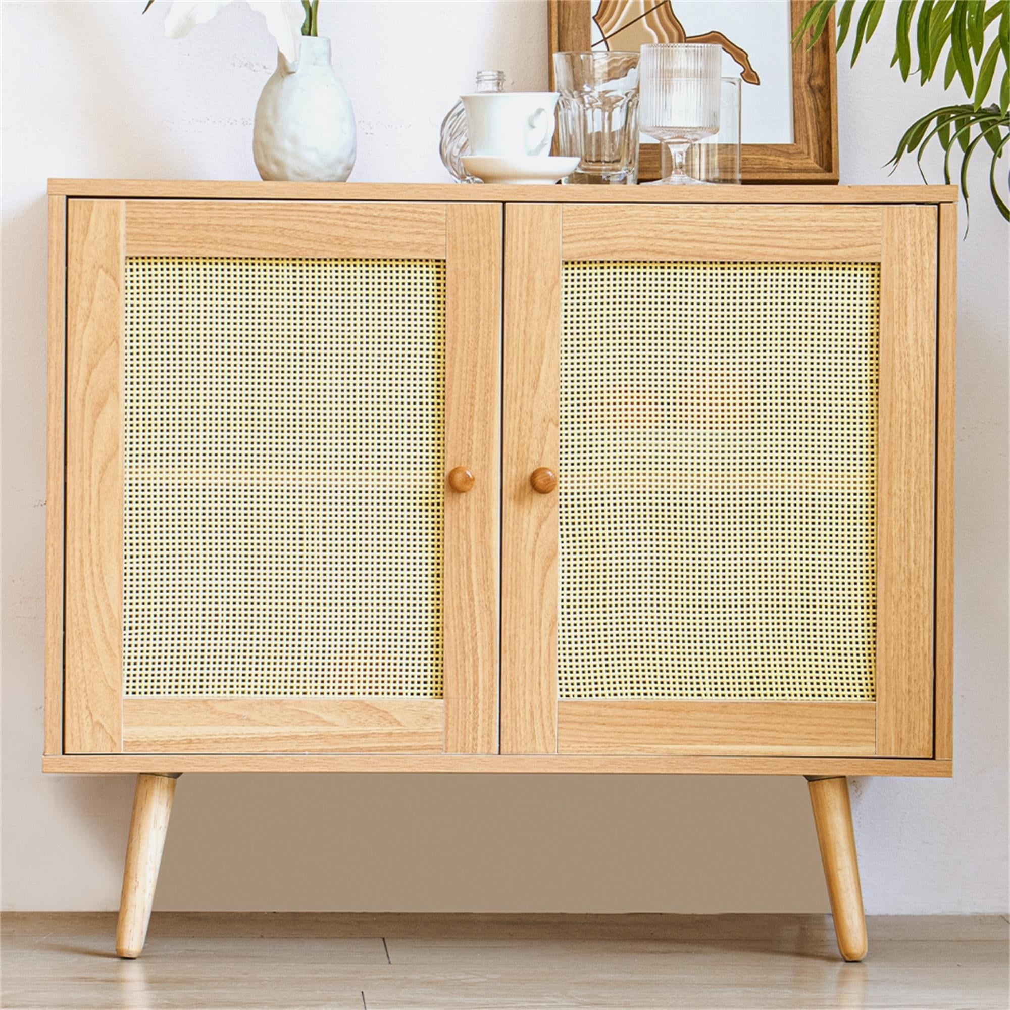 Kadyn 31.5" Tall 2 - Door Accent Cabinet, Kitchen Storage Cabinet with 2 Rattan Doors and Solid Wood Leg, Sideboard Buffet Cabinet for Dining Room, Natural Wood