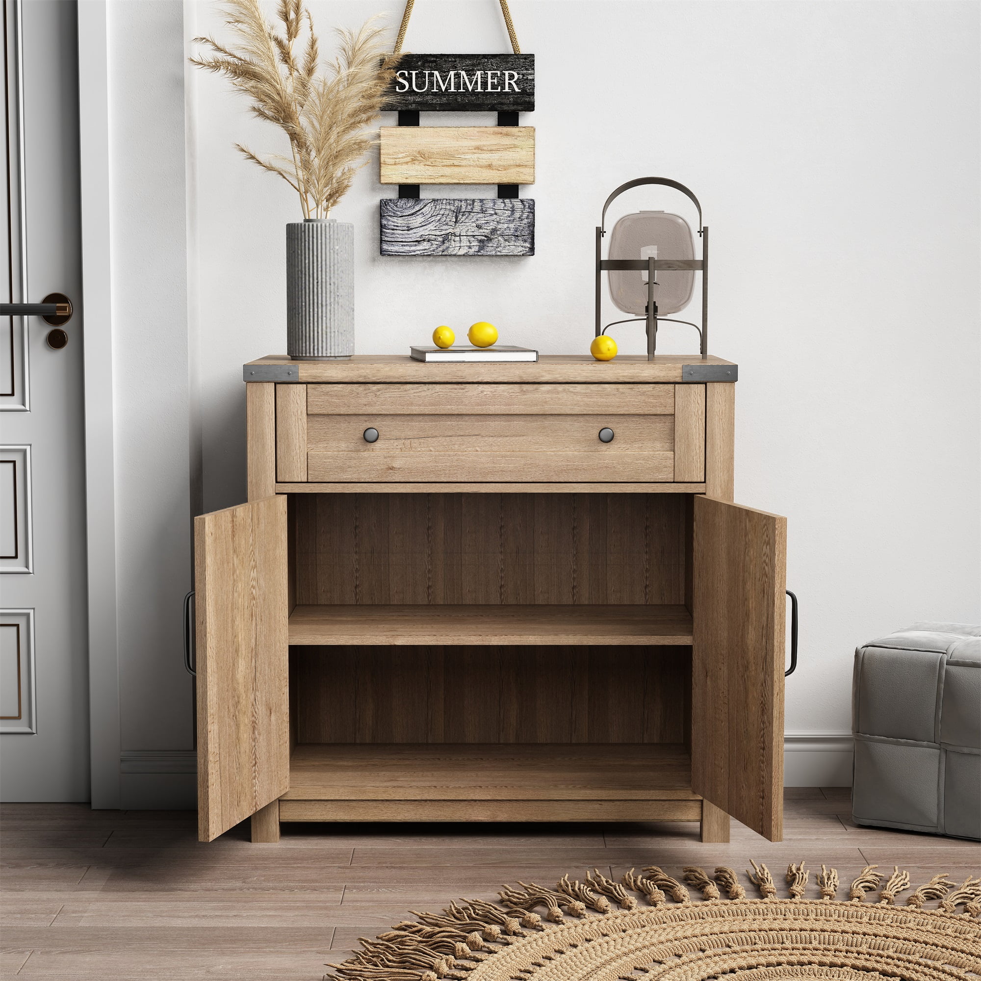 Kadyn 31.50" Modern Farmhouse Double Barn Door Accent Cabinet, Light Brown Sideboard for Living Room