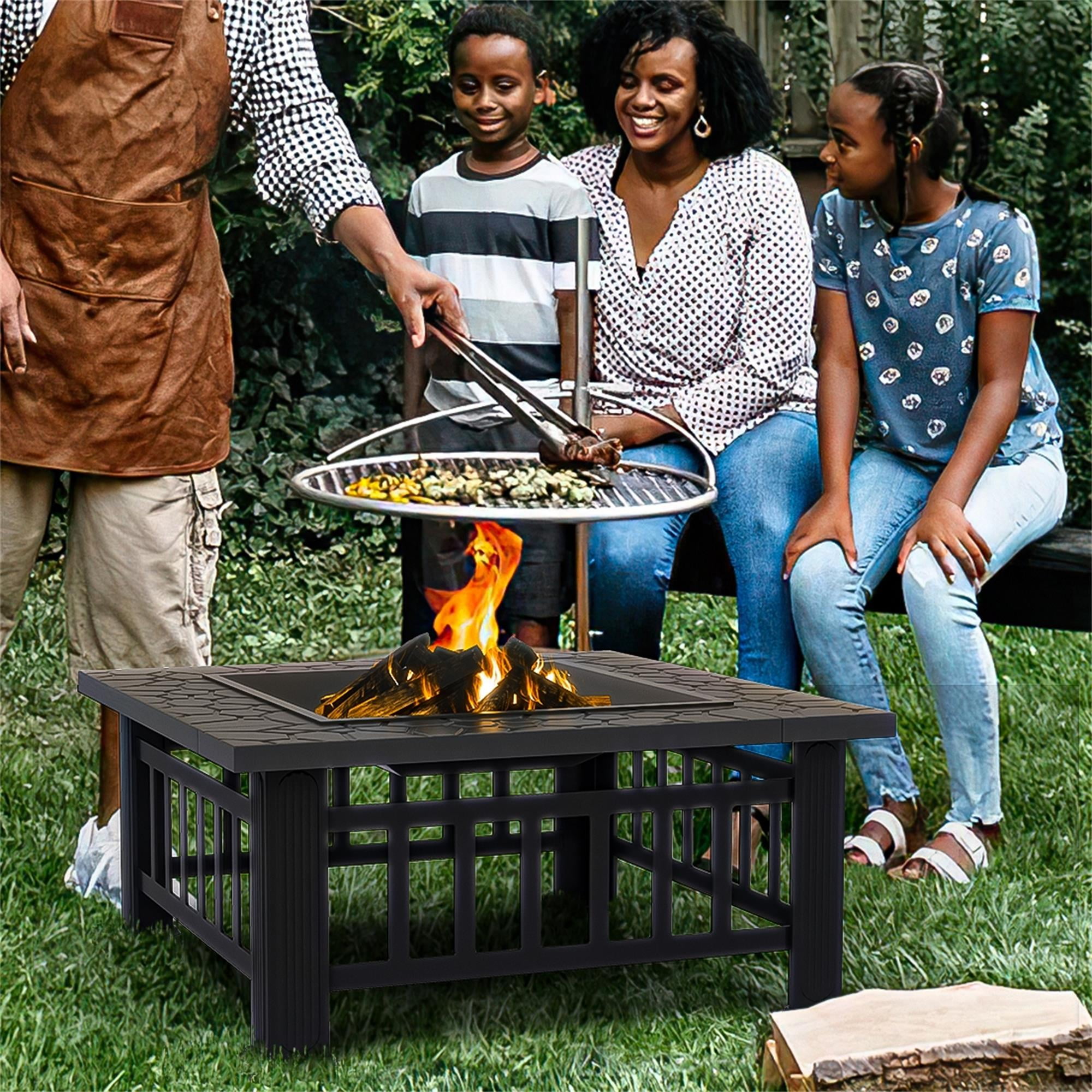 Kadyn 32" Wood Burning Fire Pit for Outside Fire Pit/Ice Pit/BBQ Fire Pit, Black Square Fire Pit Table