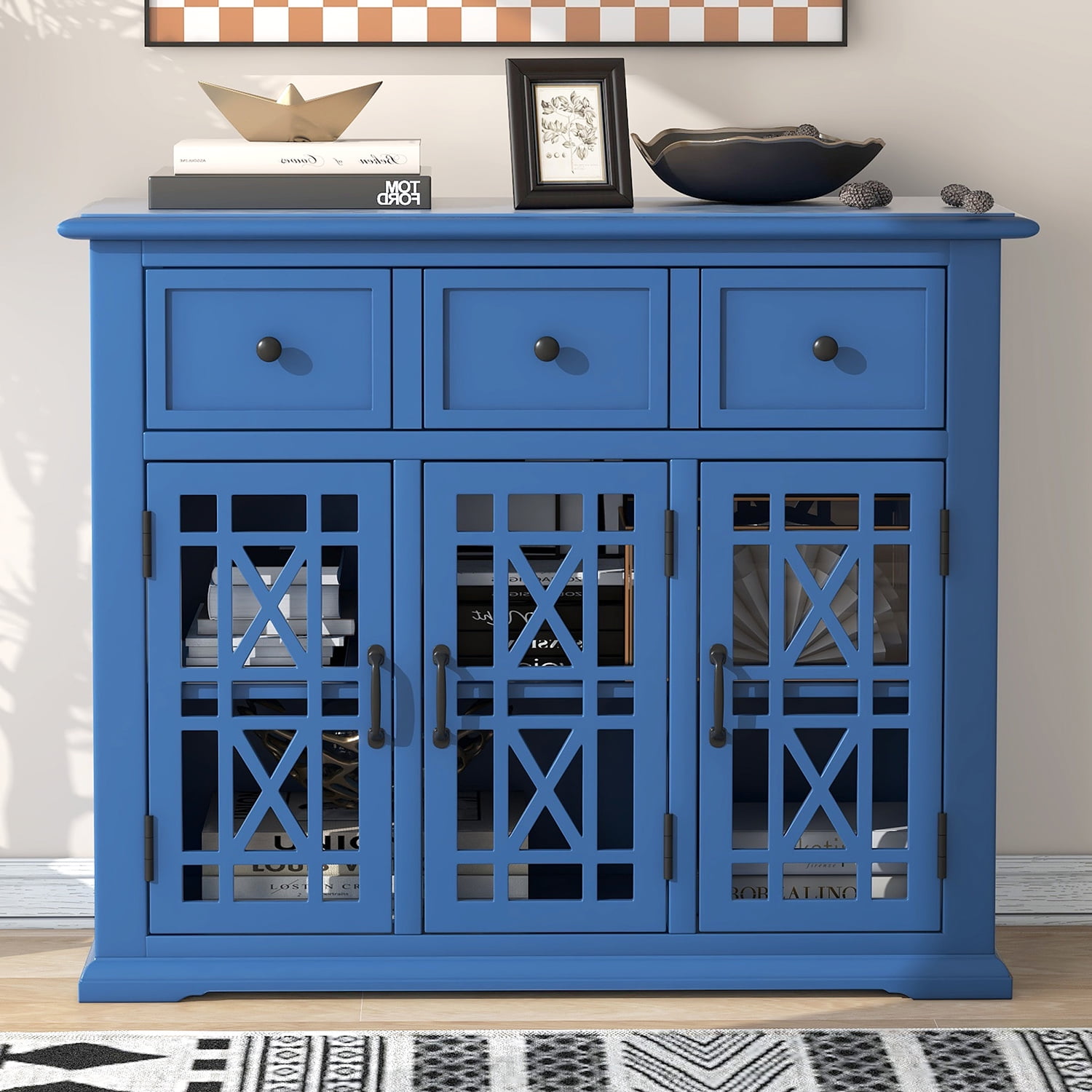 Kadyn 35.4" Wood Storage Cabinet, Modern Console Table with 3 Doors, 3 Drawers and Interior Shelf, Solid Wood Entryway Storage Cabinet for Kitchen Living Room, Dark Blue Kadyn 35.4" Wood Storage Cabinet, Modern Console Table with 3 Doors, 3 Drawers and Interior Shelf, Solid Wood Entryway Storage Cabinet for Kitchen Living Room, Dark Blue