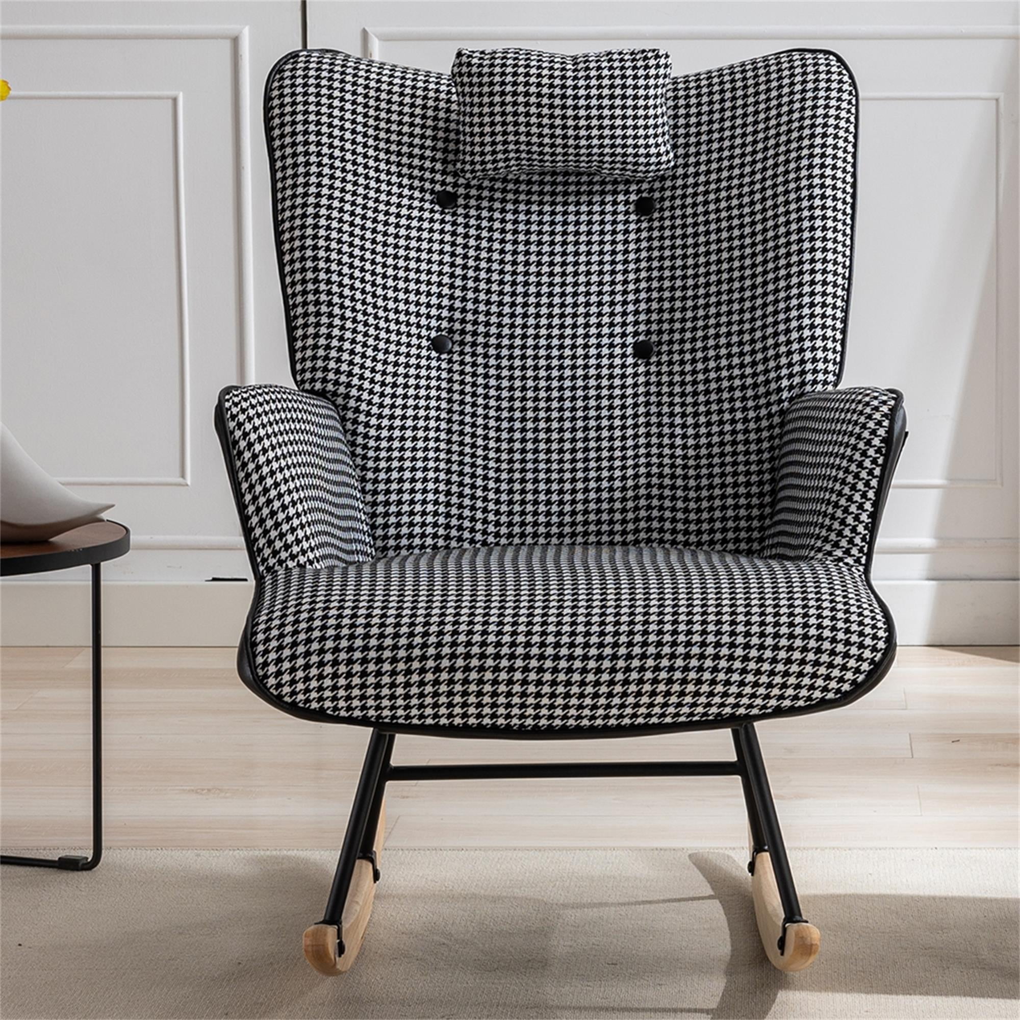 Kadyn 35.5" Rocking Chair Nursery, Single Sofa Chairs with Safe Solid Wood Base and Side Pockets for Bedroom, Black White Kadyn 35.5" Rocking Chair Nursery, Single Sofa Chairs with Safe Solid Wood Base and Side Pockets for Bedroom, Black White