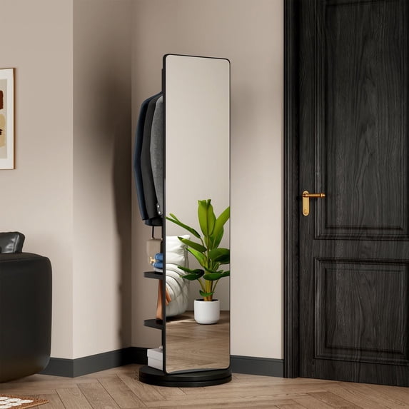 Kadyn 360 Degree Rotating 69 by 16 Inch Full Length Mirror with Storage Hook Rack, Multifunctional Solid Wood Floor Mirror for Bedroom Living Room, Black