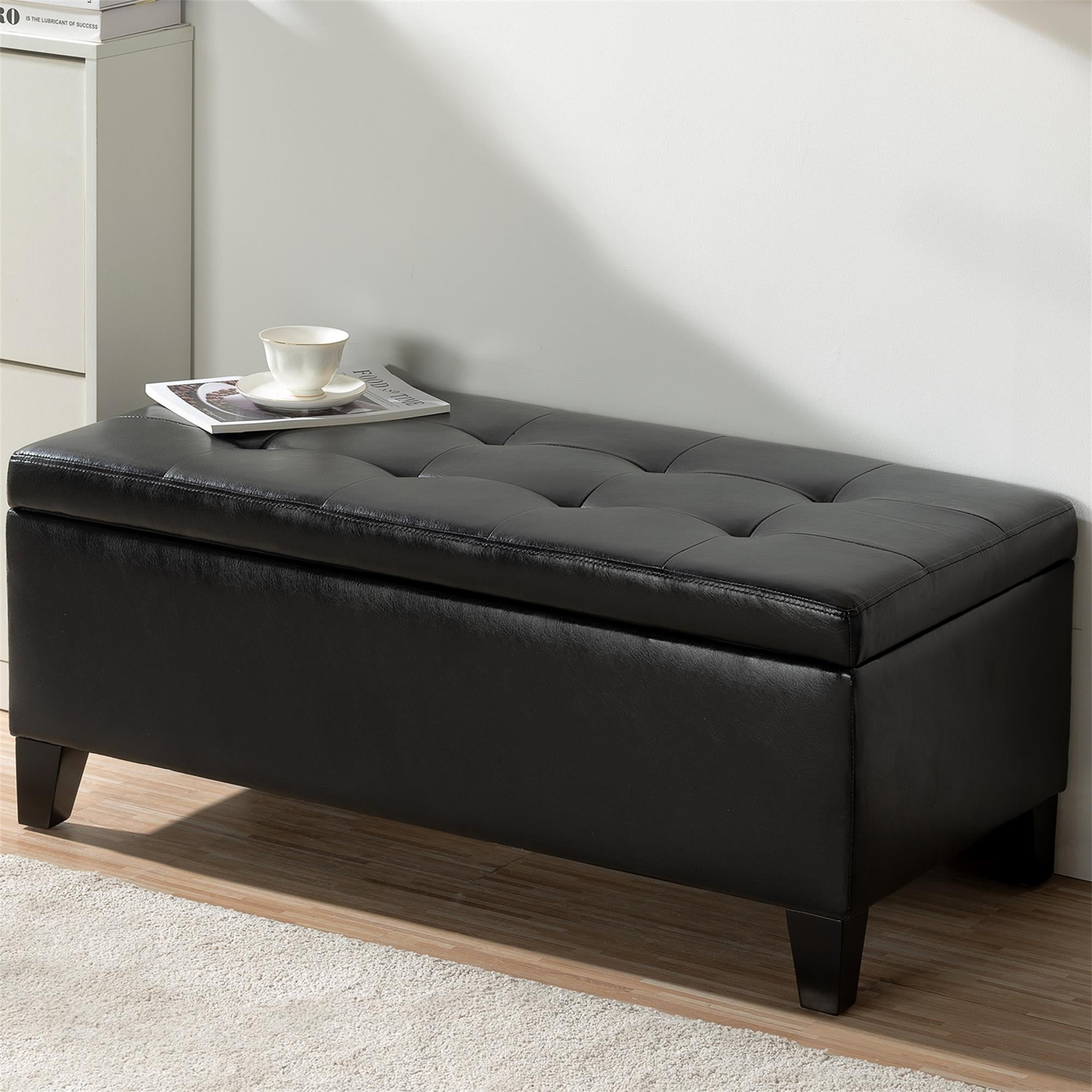 Kadyn 38.4" Storage Ottoman Bench, Folding Bench Chest Foot Rest Stool, End of Bed Bench with Wooden Legs, Black Kadyn 38.4" Storage Ottoman Bench, Folding Bench Chest Foot Rest Stool, End of Bed Bench with Wooden Legs, Black