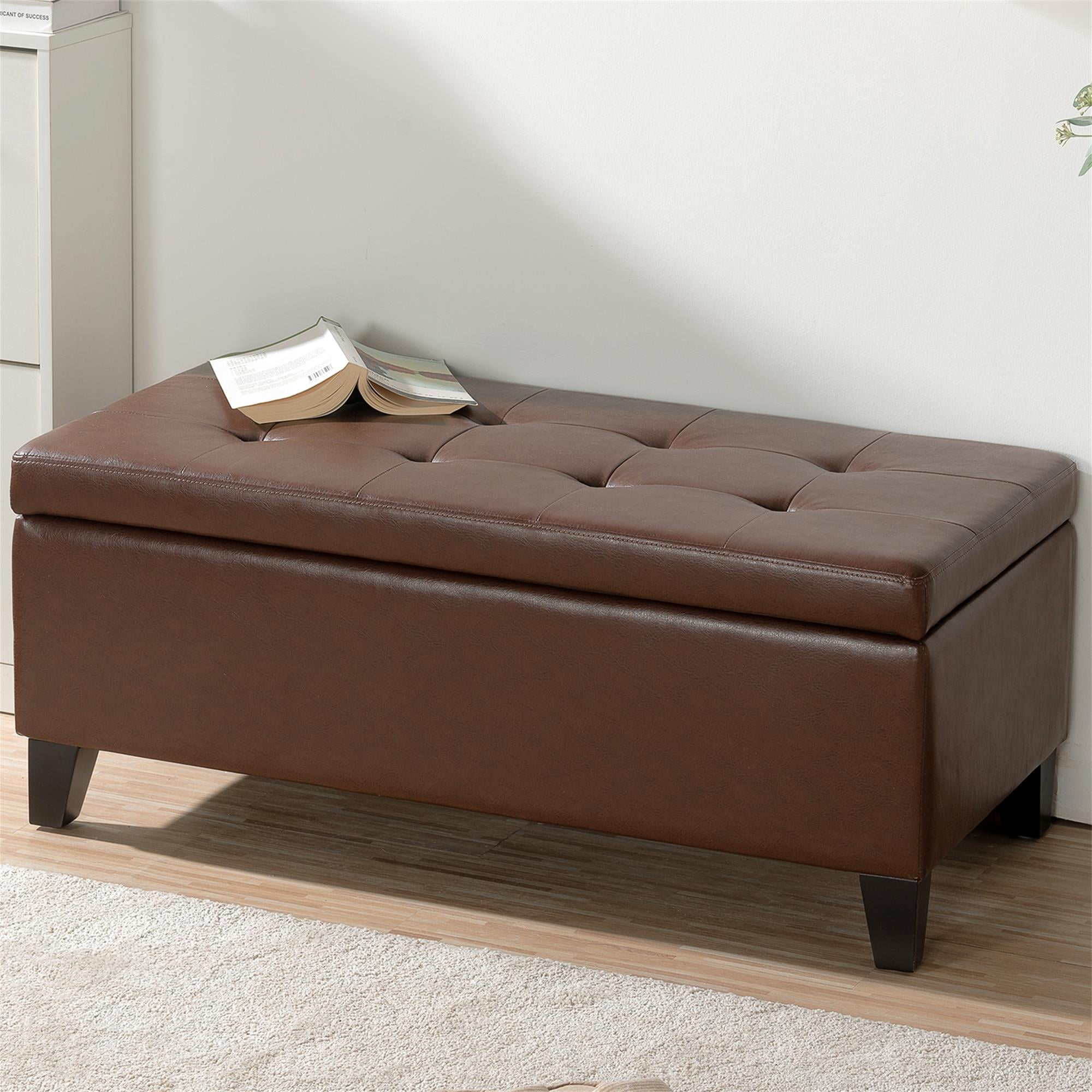 Kadyn 38.4" Storage Ottoman Bench, Folding Bench Chest Foot Rest Stool, End of Bed Bench with Wooden Legs, Brown