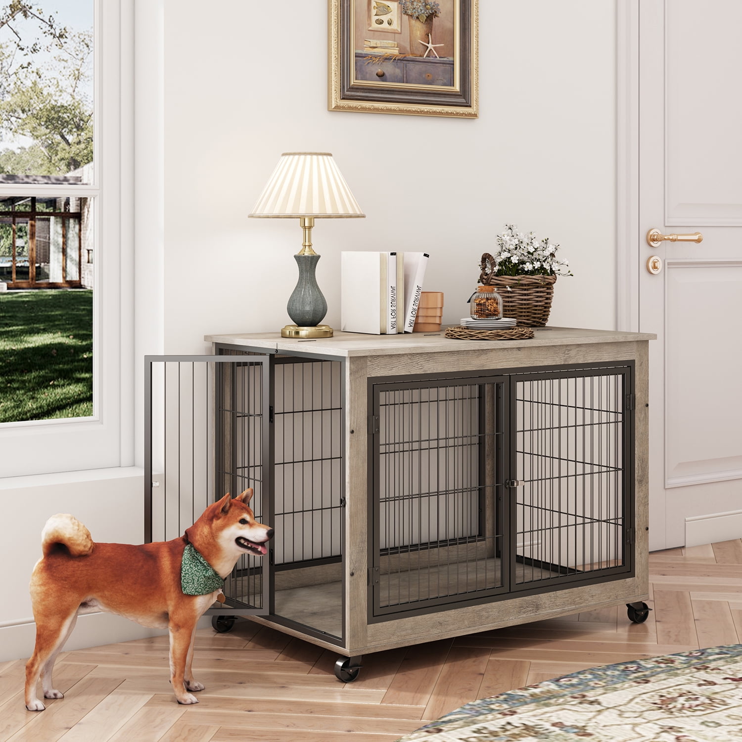 Kadyn 38.58" L Dog Crate Side Table on Wheels with Double Doors and Lift Top, Grey