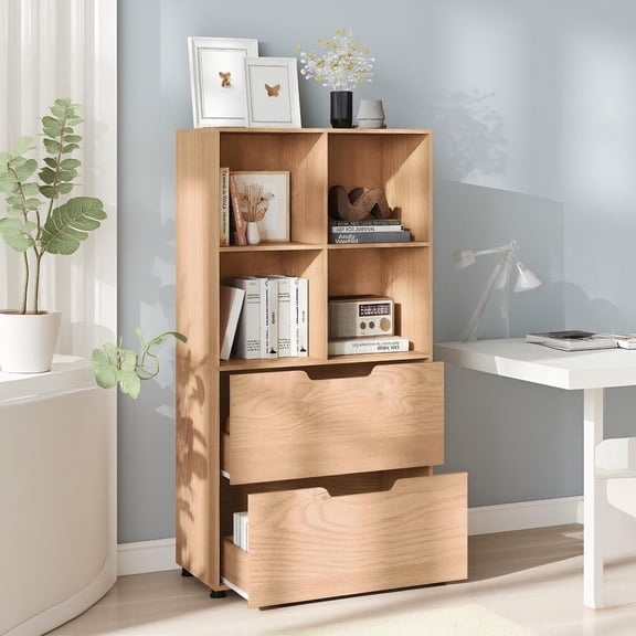Kadyn 4-Cube Bookcase 5-Tier Tall Freestanding Storage Organizer with 2 Drawers 51 inch for Home Office Study Living Room Books Display Furniture, Natural