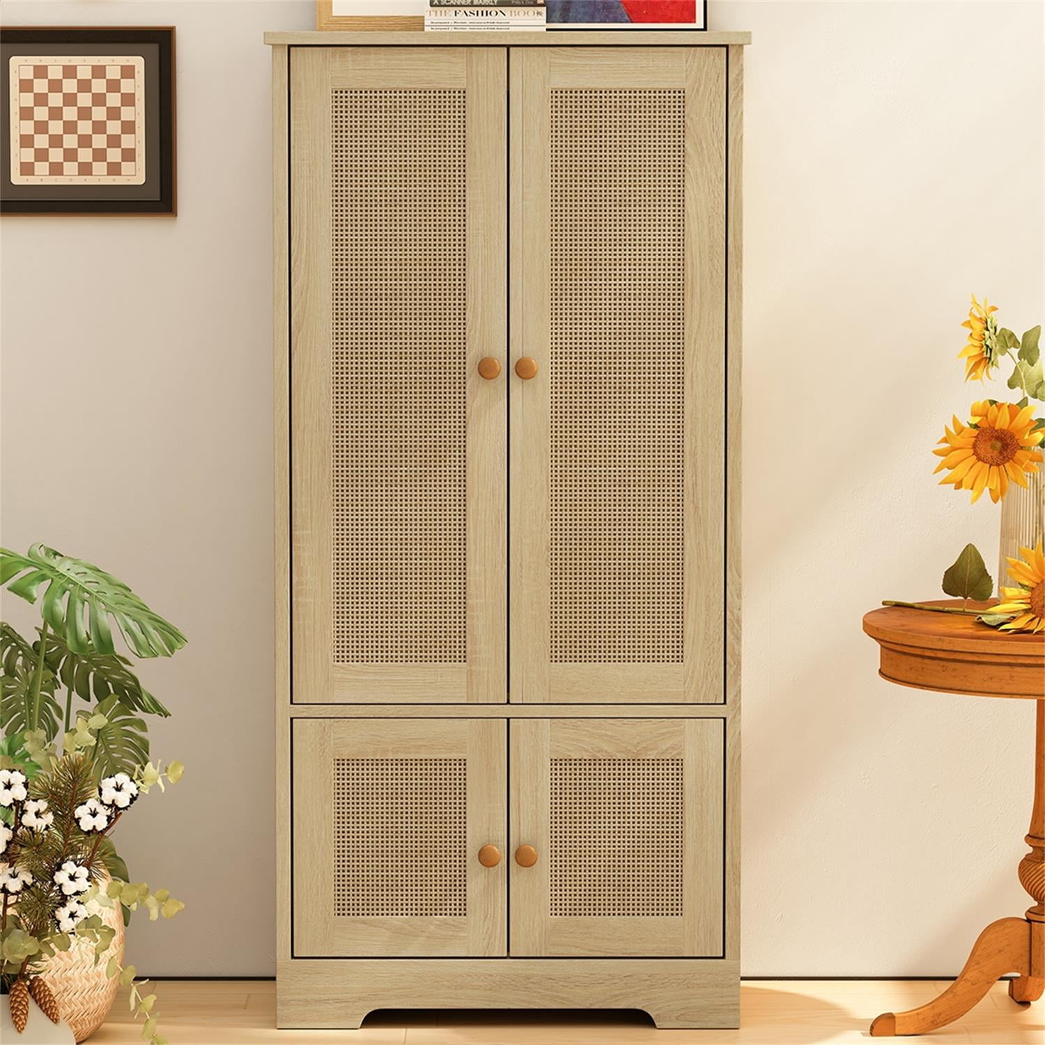 Kadyn 4-Door Rattan Decorative Storage Cabinet, Kitchen Pantry Cabinet with Doors, 47.5" Tall Storage Cabinet for Bedroom, Natural