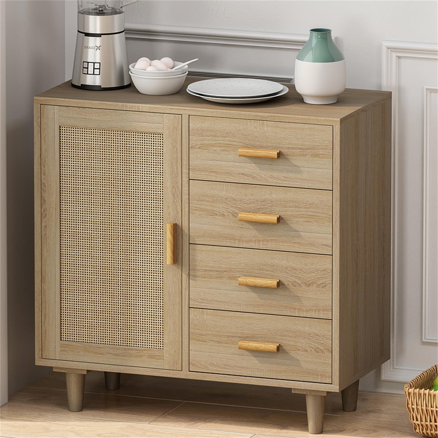 Kadyn 4 Drawers Rattan Cabinet, Modern Dresser with Rattan Door, Accent Storage Cabinet for Living Room, Natural