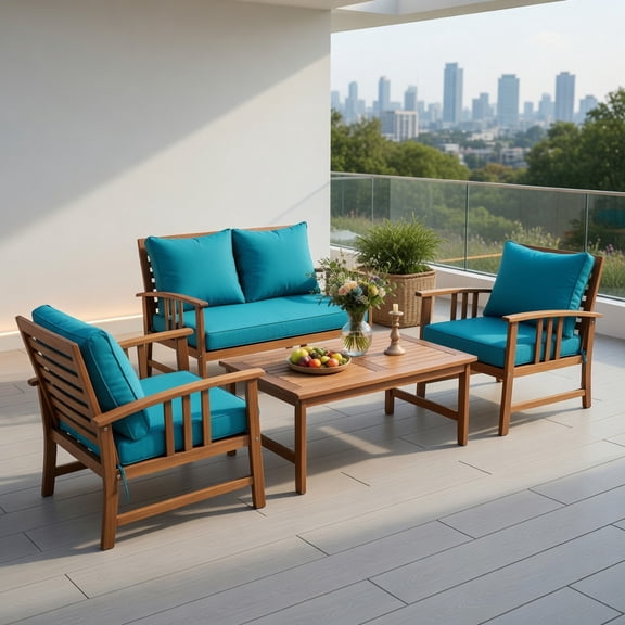 Kadyn 4-Piece Acacia Wood Outdoor Patio Furniture Set with Turquoise & Gray Cushions – Loveseat, 2 Chairs, and Coffee Table for Garden, Poolside, or Balcony