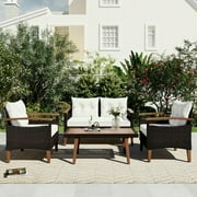 Kadyn 4-Piece Patio Seating Set, Patio Furniture Set, Patio Furniture Set, Wicker Garden Furniture with Wood Table and Legs, PE Rattan Outdoor Sofa Set for Balcony, Beige