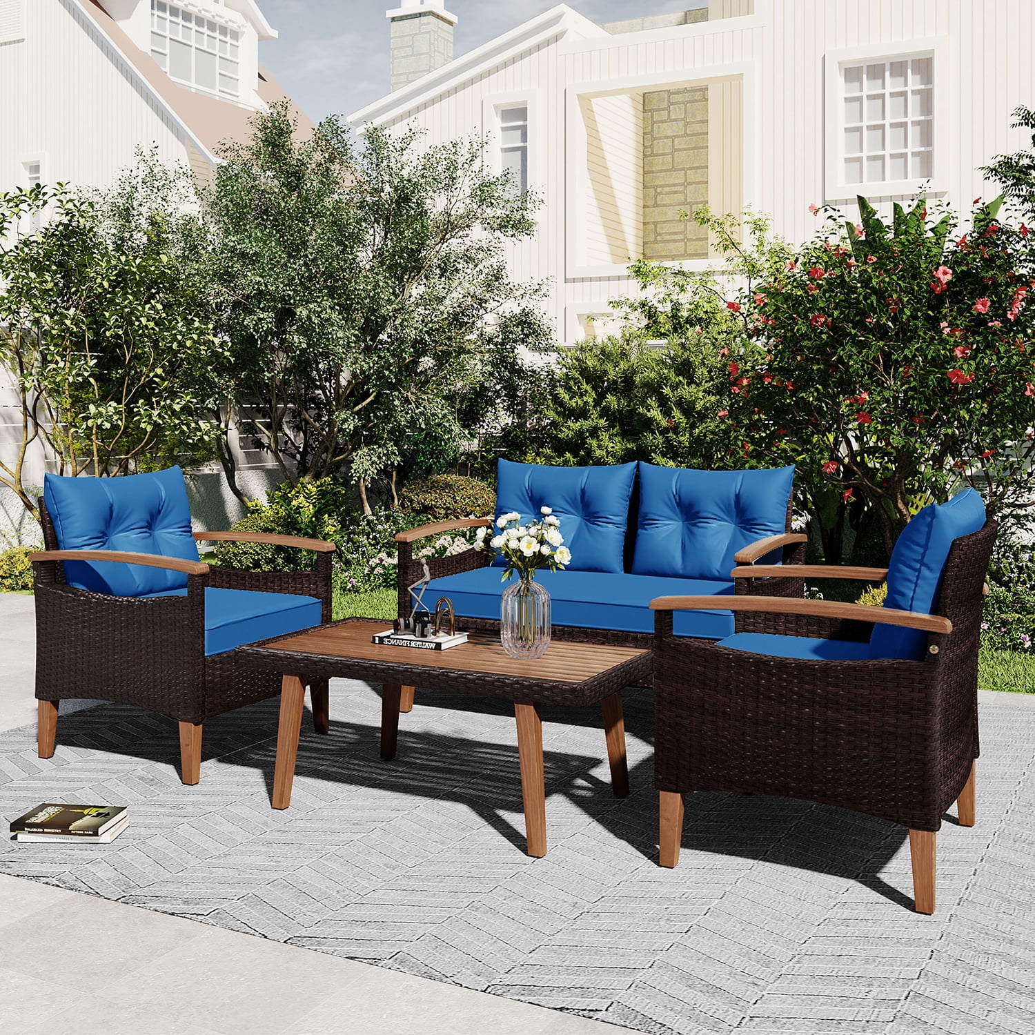 Kadyn 4-Piece Patio Seating Set, Wicker Garden Furniture with Wood Table and Legs, PE Rattan Outdoor Sofa Set for Balcony, Blue Kadyn 4-Piece Patio Seating Set, Wicker Garden Furniture with Wood Table and Legs, PE Rattan Outdoor Sofa Set for Balcony, Blue